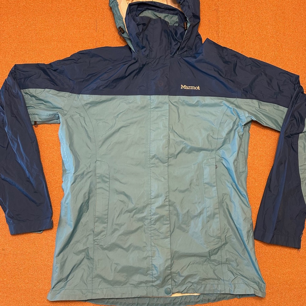 Marmot Rain Jacket Womens M Blue Colorblock Hooded Waterproof Hiking Shell